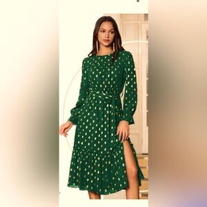 Elegant Green Crepe Dress w Metallic Gold Abstract Dots